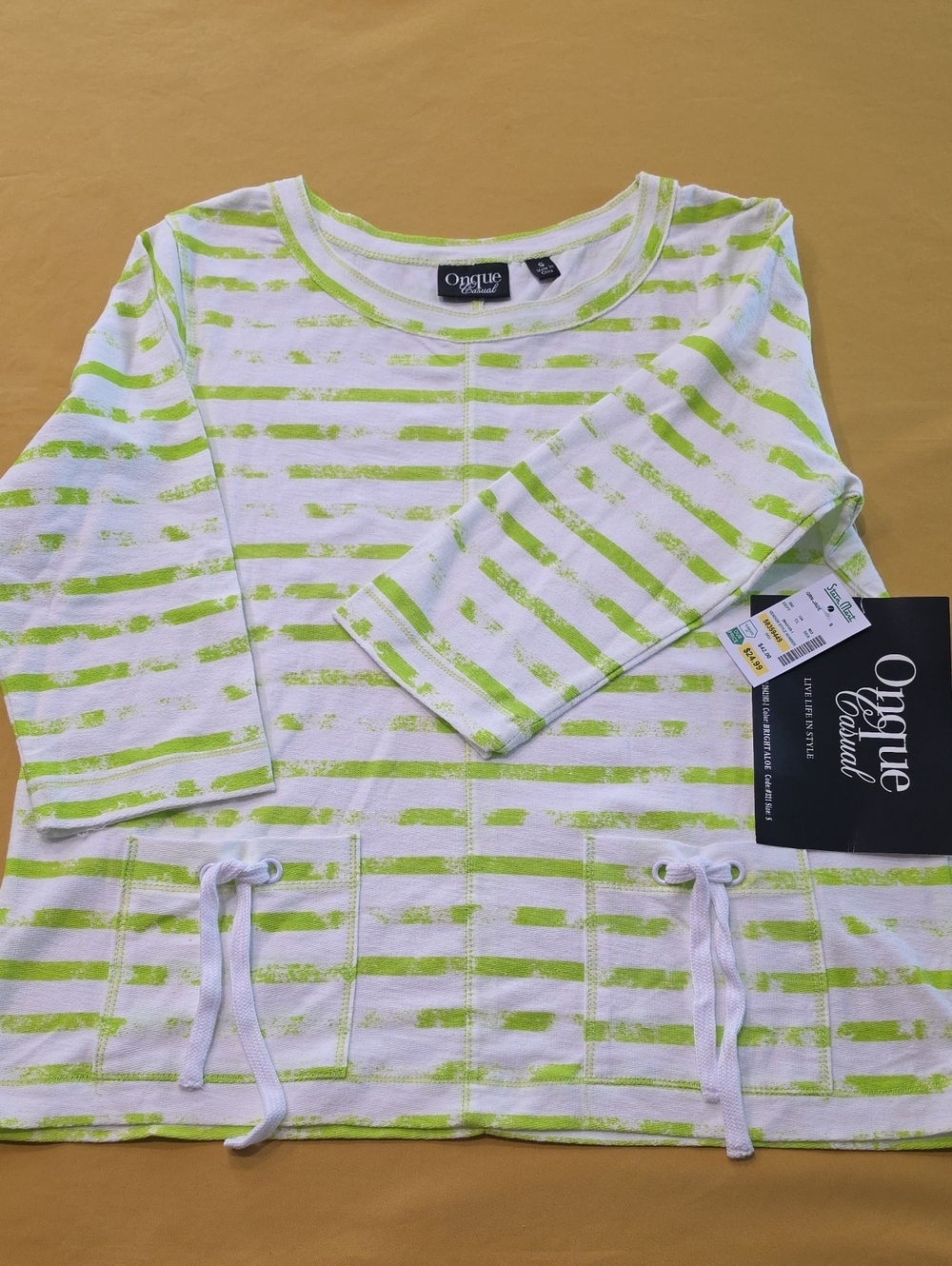 NWT Onque Casual Bright Aloe Striped 3/4 Sleeve 2 Pocket Top Size S